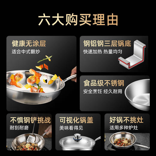 贝伦斯炒锅304不锈钢炒菜锅无涂层平底家用炒锅燃气灶电磁炉通用锅具 商品图3