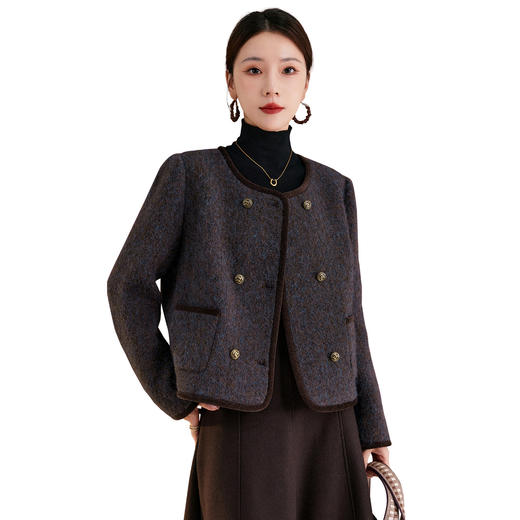 QS25秋冬新款经典小香风复古拼接羊毛混纺复古圆领外套女上衣1781 商品图4