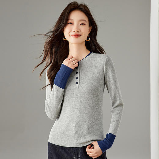 基础款撞色套头毛衣女2025秋冬季短款简约小衫纽扣装饰打底针织衫 商品图0