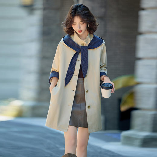 HR YBX8506撞色学院风连帽新款风衣外套中长款宽松大衣 商品图0