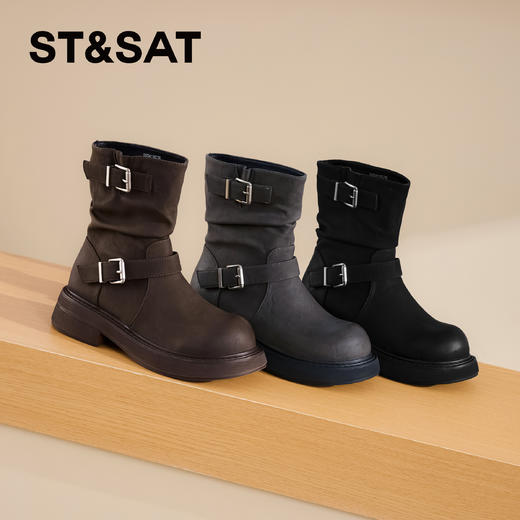 星期六复古西部双扣带牛仔堆堆靴SSD4116C7B 商品图1