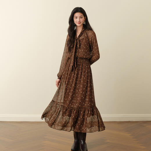 【严选】诗凡黎复古温柔飘带领碎花连衣裙2025秋新款假两件法式荷叶边长裙7G9391021 商品图1