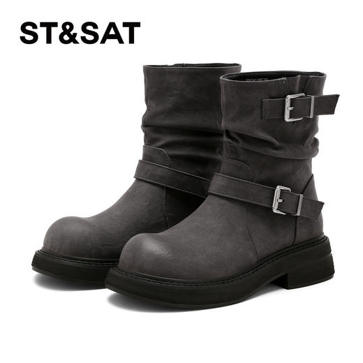 星期六复古西部双扣带牛仔堆堆靴SSD4116C7B 商品图6