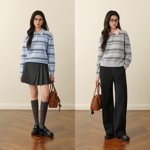 【严选】诗凡黎撞色条纹Polo领针织衫2025秋冬新款学院风高智韩系慵懒上衣7G9333131 商品图1