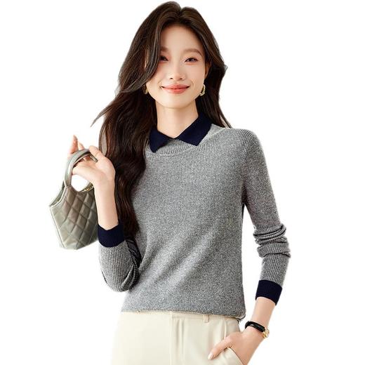 气质撞色翻领针织衫女秋冬修身打底衫百搭短毛衣百搭减龄通勤上衣 商品图4