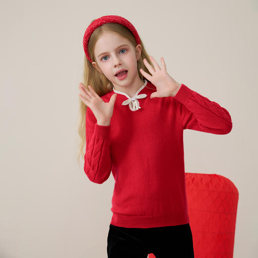 mettekids儿童100%羊绒衫2025秋冬女童中式国风盘扣针织套头毛衣 商品图3
