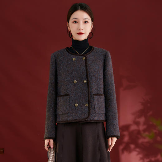 QS25秋冬新款经典小香风复古拼接羊毛混纺复古圆领外套女上衣1781 商品图2