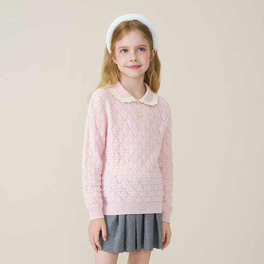 儿童100%羊绒衫2025秋冬女童花边翻领针织毛衣镂空提花甜美打底衫 商品图1