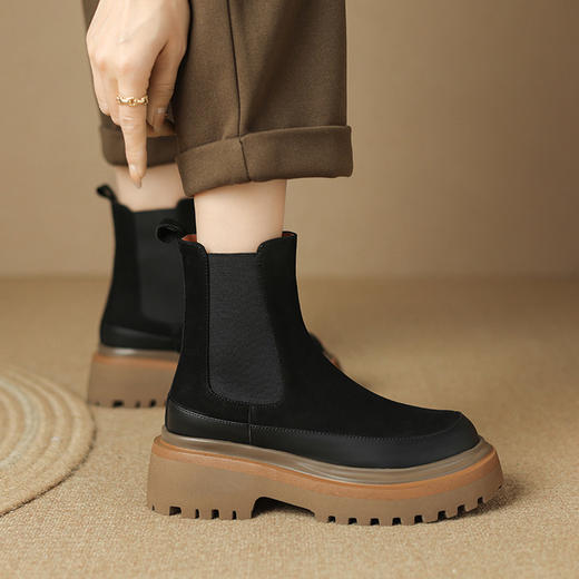 【预售5天】轻巧舒适圆头松糕底切尔西靴女秋冬新款真皮复古磨砂厚底短筒骑士靴MDY&AM2169-20 商品图3