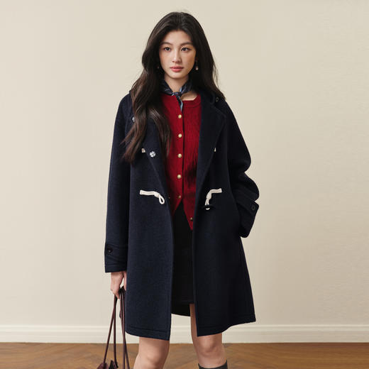 【严选】诗凡黎学院风牛角扣连帽毛呢外套2025冬新款气质羊毛双面呢大衣女7G9370241 商品图1