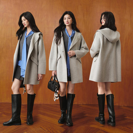 【严选】诗凡黎浅灰连帽毛呢外套2025冬新款100绵羊毛韩系百搭一手长大衣7G9370361 商品图1