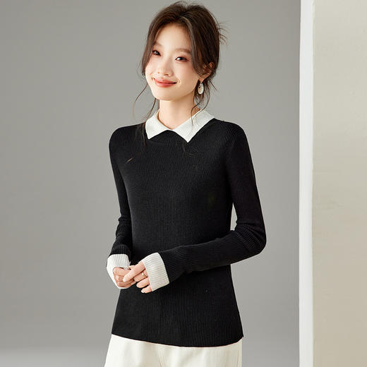 气质撞色翻领针织衫女秋冬修身打底衫百搭短毛衣百搭减龄通勤上衣 商品图1