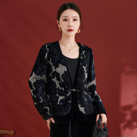 QS秋冬新款桑蚕丝丝绒外套简约日常款印花宽松遮肉显瘦女装1297