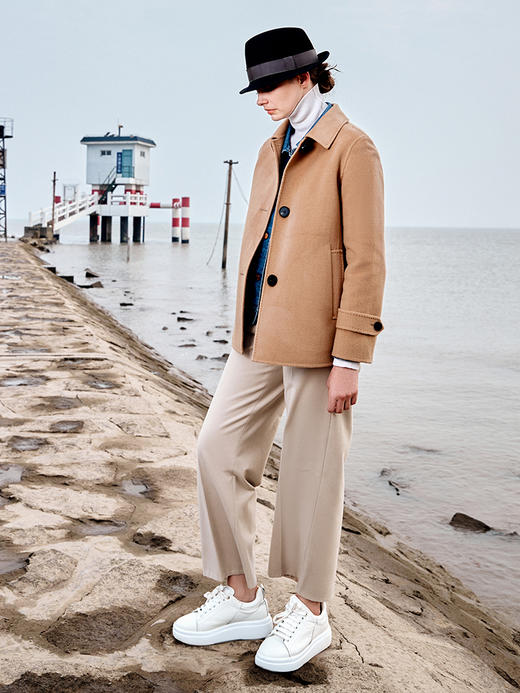 ICB日系秋季通勤宽松羊毛桑蚕丝混纺方领毛呢外套短大衣商场同款 商品图3