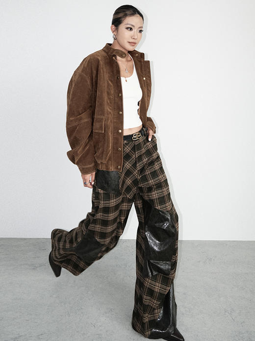 TR她热 西部牛仔 棕色复古做旧麂皮拉链宽松百搭夹克外套 商品图3