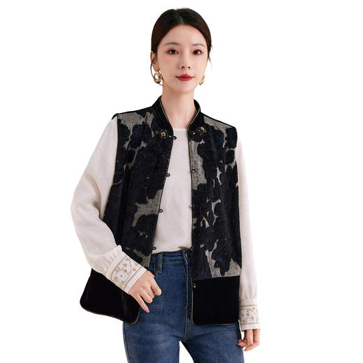 QS秋冬新款新中式马甲撞色设计100桑蚕丝丝绒上衣女百搭日常款1779 商品图4