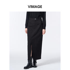 VIMAGE纬漫纪长款休闲百搭气质开叉黑色直筒2025秋季新款半身裙V2406105