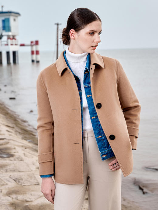 ICB日系秋季通勤宽松羊毛桑蚕丝混纺方领毛呢外套短大衣商场同款 商品图0