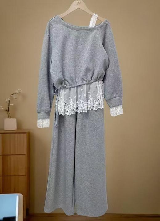 11.11直降到底！！【秋上新】（套装）5817斜肩一字肩蕾丝上衣➕休闲裤两件套-喜出 商品图2