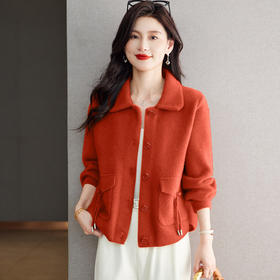 XFY-3080小香风短款开衫女士外套2025春秋季仿水貂绒翻领口袋宽松上衣外搭