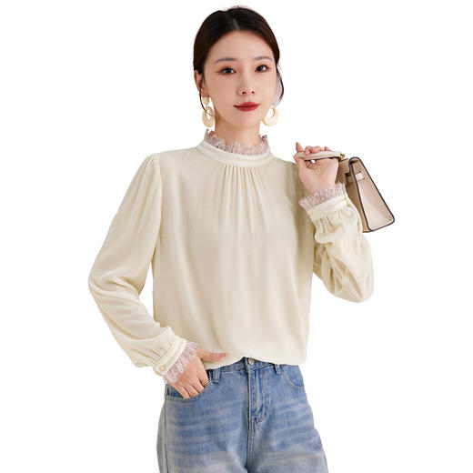 QS真丝丝绒秋季新款法式气质立领褶皱时尚花边套头长袖上衣女1873 商品图4