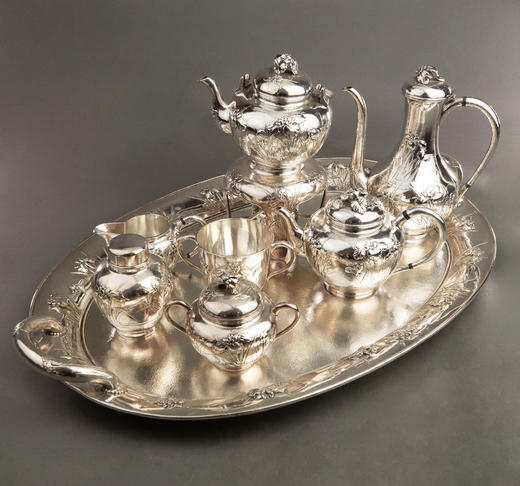 独角鹿西洋古董20世纪早期日本横滨武士商会Samurai Shokai签名出品鸢尾花主题纯银精雕咖啡茶具套件 商品图0