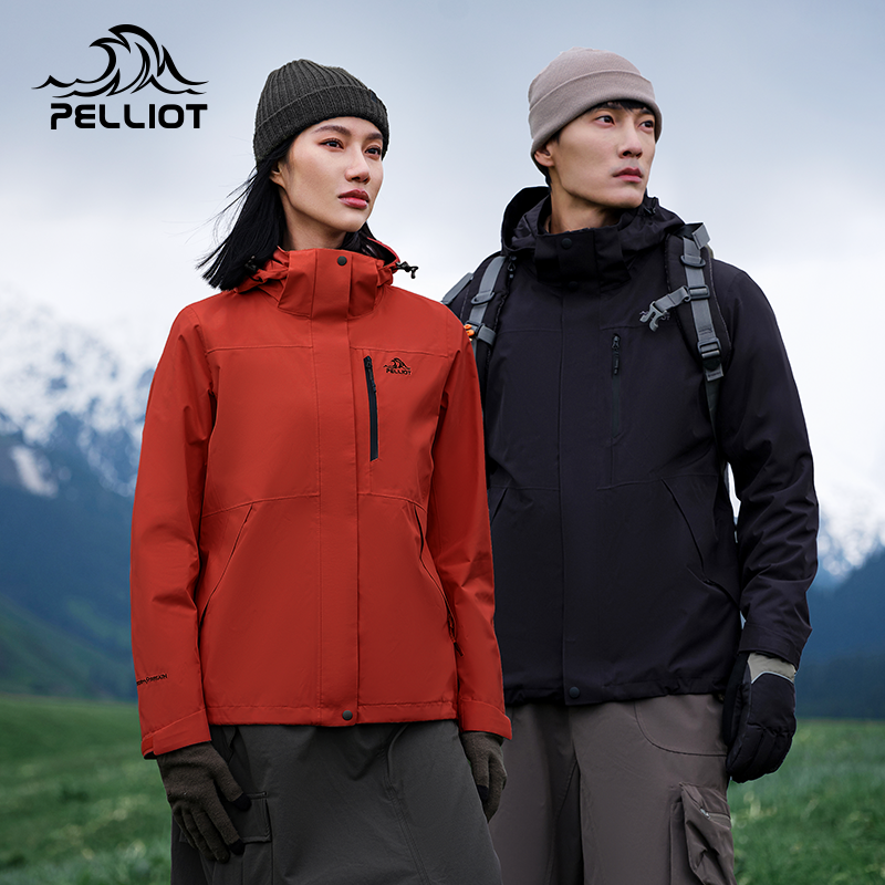 【山野】伯希和户外红色冲锋衣女三合一抓绒内胆防风防水登山服男