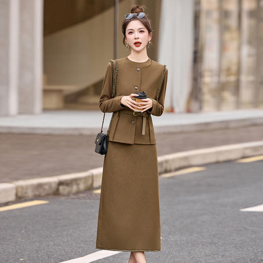 HR YBX8609韩系气质毛边马甲套装系带收腰半身裙三件套 商品图0