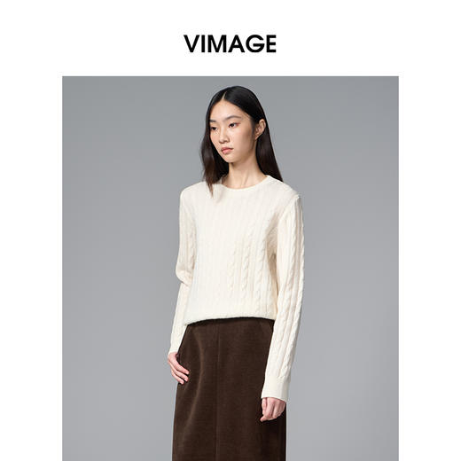 VIMAGE纬漫纪绵羊毛时尚长袖复古圆领绞花针织衫上衣2025秋季新款V2401106 商品图2