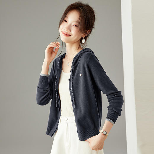SC6-5811 2025秋季新款韩版连帽针织开衫女休闲外套薄款卫衣单排扣百搭上衣 商品图0