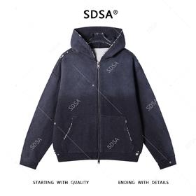 SDSA男士秋冬新款痞帅男装潮牌磨破拉链连帽卫衣百搭开衫外套时尚