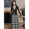 秋冬设计感穿搭复古显瘦针织杉假两件上衣格纹百褶长裙两件套 商品缩略图0