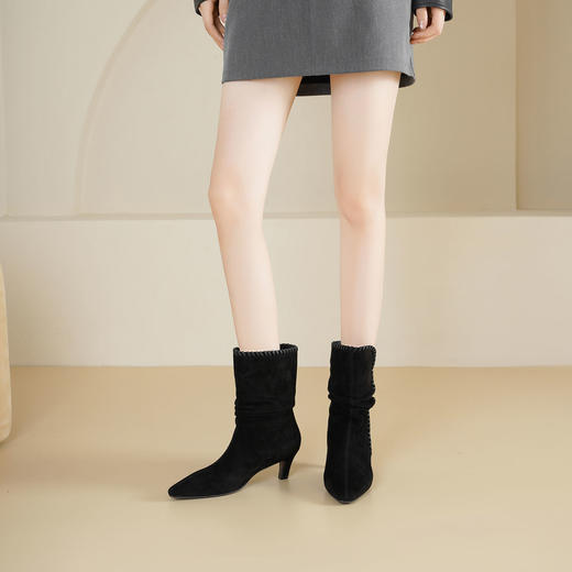 westory2025年冬季小方头猫跟堆褶宽筒靴波西米亚风西部靴一脚蹬中筒靴S25DC85951 商品图6