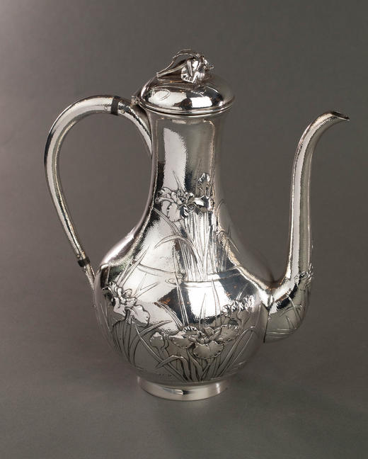 独角鹿西洋古董20世纪早期日本横滨武士商会Samurai Shokai签名出品鸢尾花主题纯银精雕咖啡茶具套件 商品图3