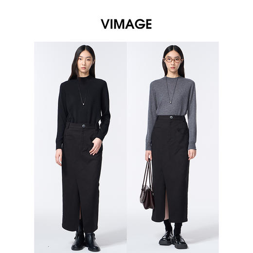 VIMAGE纬漫纪长款休闲百搭气质开叉黑色直筒2025秋季新款半身裙V2406105 商品图1