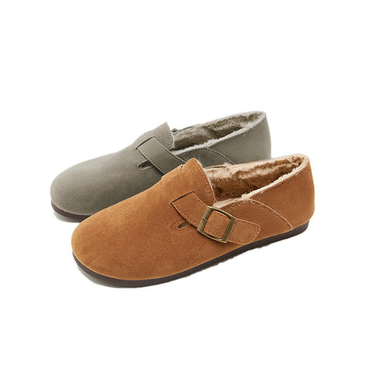 西遇复古勃肯鞋女新款冬季加绒两穿一脚蹬毛毛鞋保暖外穿棉鞋D0034407 商品图4