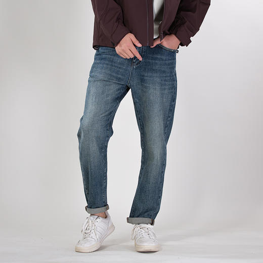 DRONKOO 2025 正常腰前左袋后右袋绣双色线绿色细节中厚牛仔长裤 商品图1