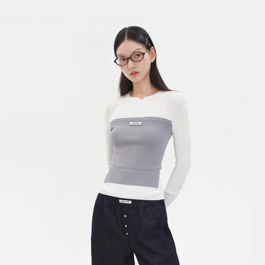 HERLIAN 25秋季新品简约logo装饰假两件长袖打底衫修身上衣 商品图2