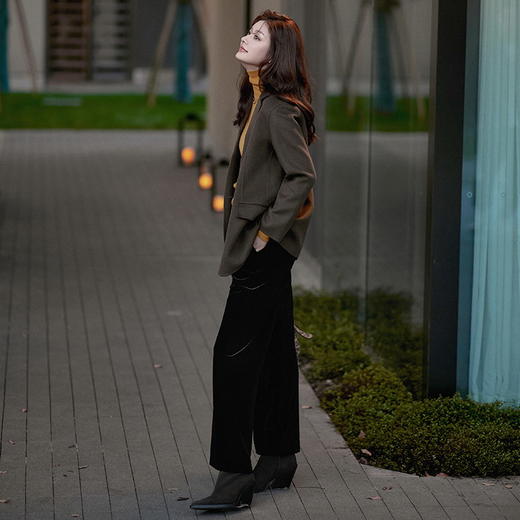 23区日系秋季通勤宽松混纺丝绒松紧腰直筒长裤休闲阔腿裤商场同款 商品图3