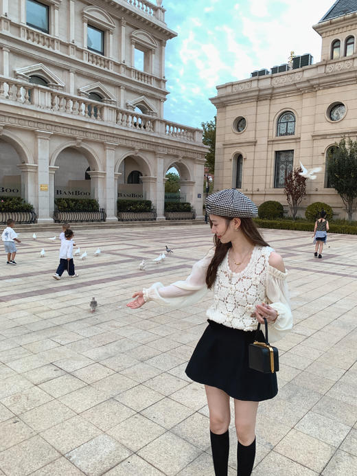 XS 金蘑菇菇 少女的信笺/温柔甜美复古艺术感钩花拼接设计感毛衣 商品图8