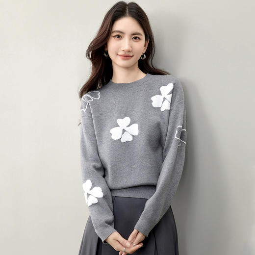 【内购】【幸运花】简约通勤圆领撞色花卉提花落肩袖弹力芝麻底包芯纱毛衣-W53EE2844 商品图1