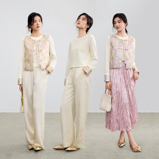 【内购】【唐宋远黛系列】吸湿速干凉感抑菌国风圆领拼接提花织锦长袖T恤-153TM3149 商品图2