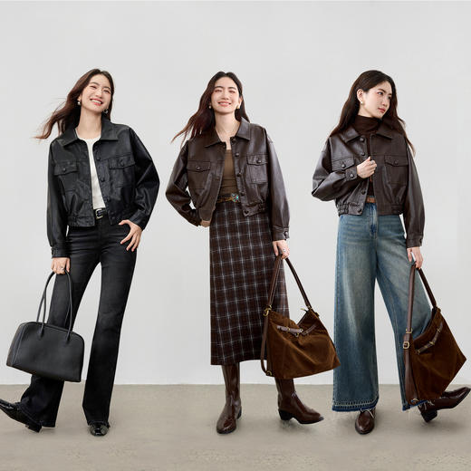 【内购】【再生纤维素】摩登通勤单排扣松紧下摆宽松显瘦PU机车皮衣外套-W53GA2744 商品图2