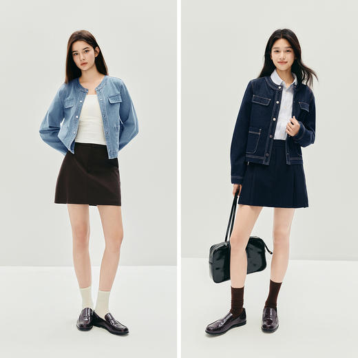 森马牛仔外套女秋季短款圆领2025新款小香风百搭时尚潮小个子夹克 商品图4