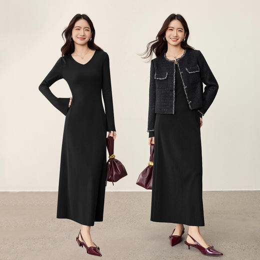 【内购】【通搭三季】简约通勤V领喇叭袖修身显瘦弹力针织连衣裙-153LN2858 商品图2