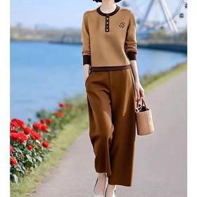 巨好看一整套2025春秋新款洋气撞色薄款圆领针织衫女直筒裤两件套