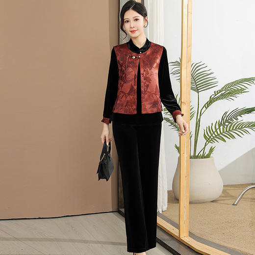 QYM CS25C60-1-Y新中式国风套装印花马甲小衫裤子洋气三件套 商品图0