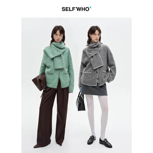 SELFWHO绵羊毛混纺撞色绣花边围巾领毛衣女2025冬季新款H型针织衫 商品图1