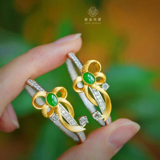 龢盒原创 鎏金蝶舞，耳畔光晕 银镶老翡翠阳绿蛋面耳圈耳环 商品图2