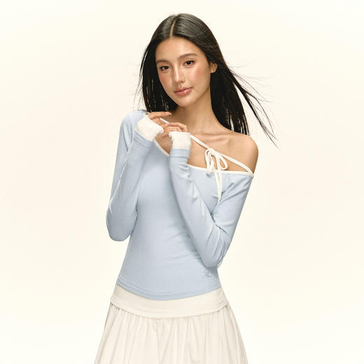 Ariseism 美式复古设计感斜肩长袖t恤女秋季新款修身百搭上衣 商品图4